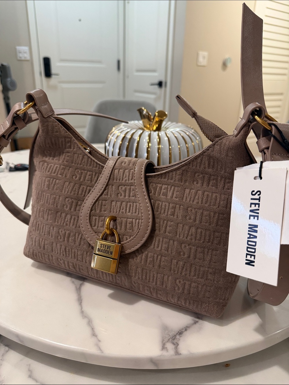 Steve Madden Taupe Embossed Shoulder Bag with Gold Padlock Accent